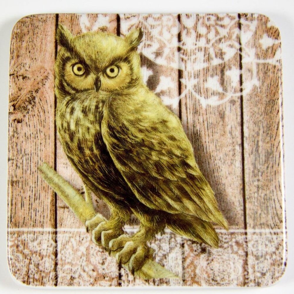 Great Horned Owl Glazed Ceramic Tile Coaster Transfer Pattern 3.75" Square Cork